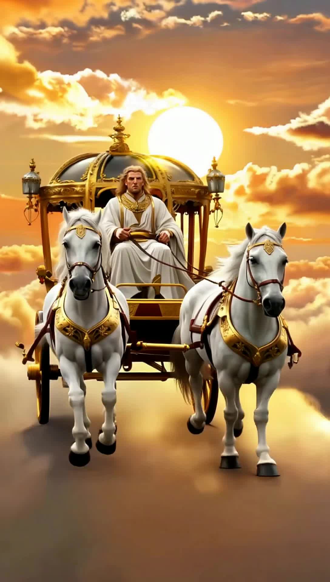 helios god of the sun flying in his chariot drawn by 4 white horses in the sky across the sun from left to right
