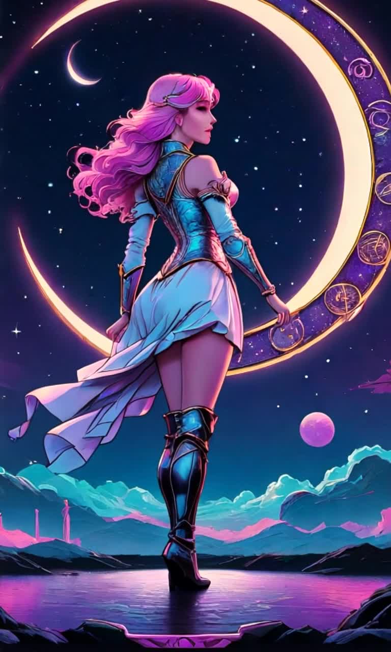 Silhouetted woman with flowing hair strides confidently toward a glowing full moon illuminating her path Starry night sky twinkling with distant galaxies soft whispers of wind rustling through lush trees casting enchanting shadows on the ground Ethereal light bathes her figure as she embraces the tranquility of the night embarking on a journey of selfdiscovery Pastel hues merging in the horizon hinting at a dawn yet to come