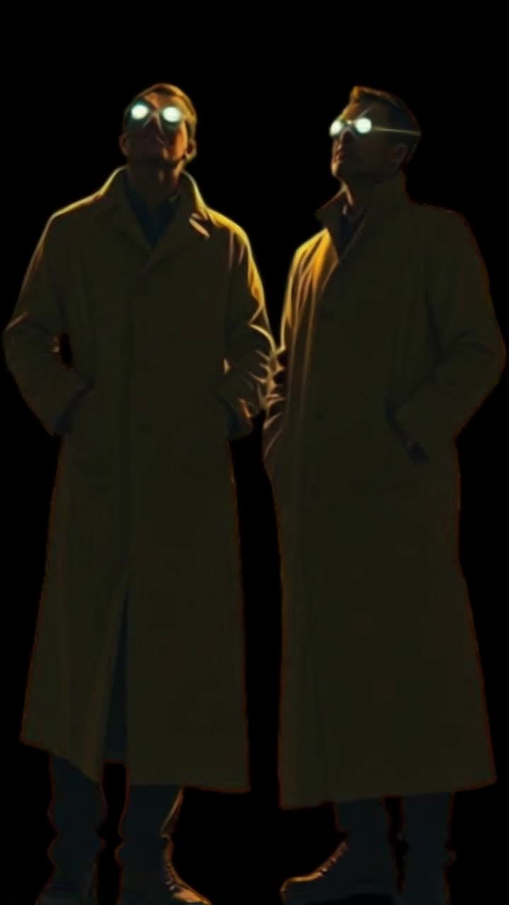 Two men in long trenchcoats each sporting vibrant glowing thick glasses scanning the black night sky in unison moving their heads side to side with deliberate precision to a beat Dark night sky stretched endlessly above shimmering with distant stars  Silhouettes of majestic mountains dominate the landscape as beams of powerful searchlights pierce up through the darkness illuminating the vast expanse of mountains with dramatic intensity  Mysterious atmosphere enhancing their synchronized movements creating an enchanting and captivating looping scene 