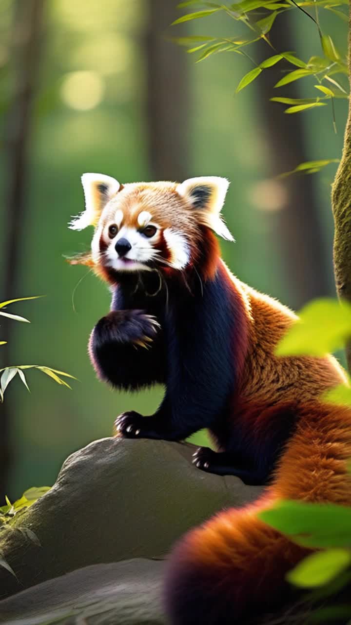 Vibrant red panda playfully munching tender bamboo leaves arching its back against a smooth weathered boulder glistening in dappled sunlight surrounded by serene forest filled with tall swaying trees fluttering leaves and chirping birds gentle rustle of foliage creating soft melodies enhancing tranquil atmosphere enchanting rays of sunlight filtering through canopy illuminating lively scene inviting exploration of natures beauty