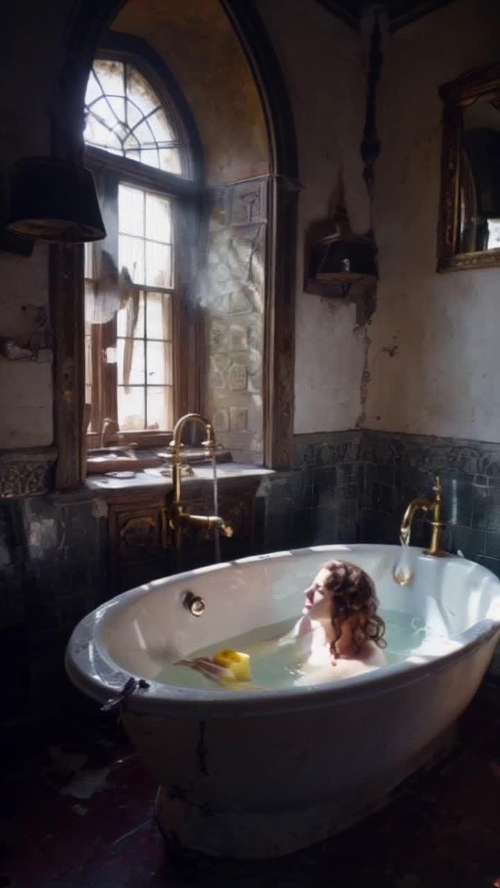 Luxurious bathroom in ancient English mansion condensed to ruin Cracked clawfooted tub with tarnished brass fittings and a faded yellow soap floating Ghostly beautiful woman submerged partially in water delicate tendrils of wavy brown hair escaping from her head Swaying dark green velvet curtains frayed at edges dust motes dancing in sunlight filtering through leaded panes Broken glass glistening like tears environment heavy with nostalgia and whispers of the past Cobwebs cling lazily to corners enhancing eerie atmosphere
