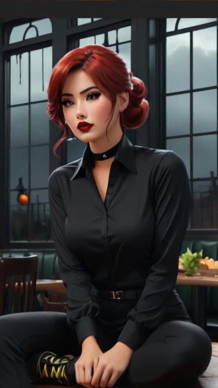 a beautiful red head woman, wearing all long sleeved black shirt black pants and black tennis shoes, her hair in a bun, running smiling seating people at a restaurant as a hostess, her name tag says Tara, the restaurant has green and gold interior, its busy with many workers wearing the same black uniform, she is the only red head women seen, the windows show its rainy and cloudy outside 