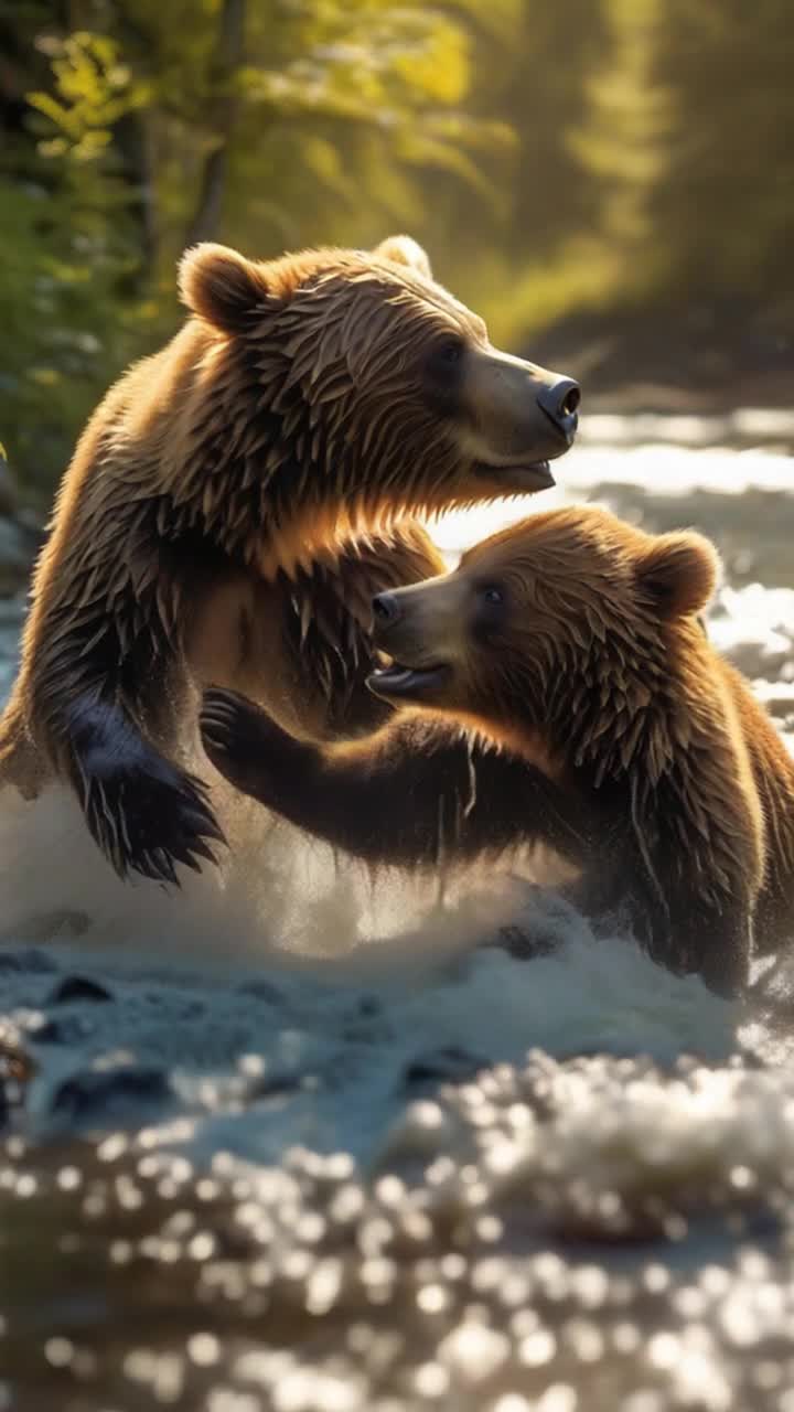 Two playful Kodiak bear cubs tumble joyfully splashing in a shimmering stream Bouncing and darting through water as fish leap gracefully above the surface A massive Kodiak bear lounges contentedly on the riverbank basking in warm sunlight Surrounded by vibrant wildflowers swaying gently in the breeze Towering lush trees form a canopy overhead while delicate butterflies flutter and dance in a kaleidoscope of colors