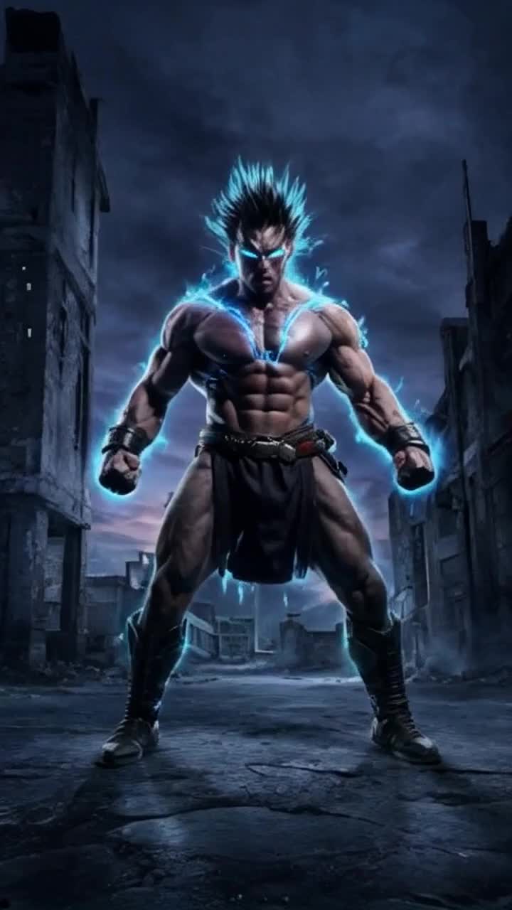 Bold, Glitchcore, Shatters, Dynamic Motion, Red gel lighting, Low angle, High vibrational warrior with spikey hair radiating atomic blue energy flexes his muscles and hero poses showing the evil demons his power 