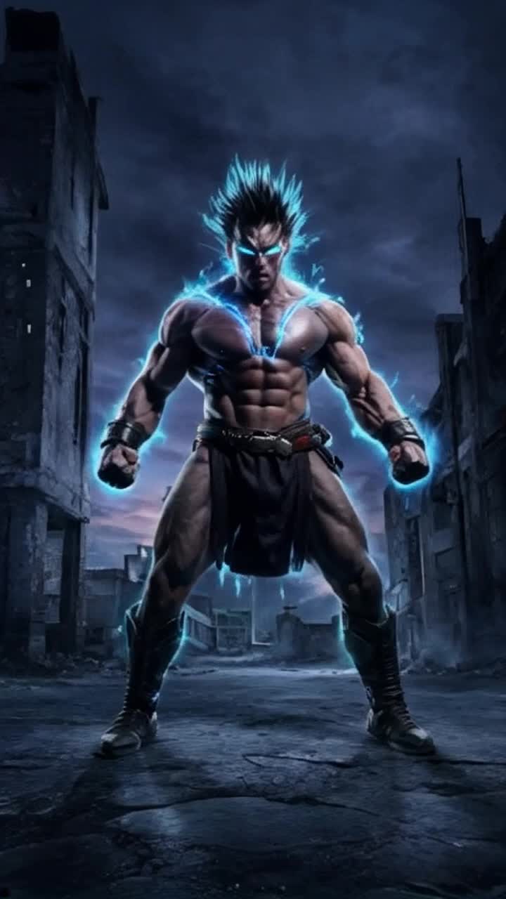 High vibrational warrior with spiky hair radiating atomic blue energy flexes powerful muscles in a defiant hero pose Lunging forward with fierce determination shattering the ground beneath him Vibrant red gel lighting casts dramatic shadows creating an electrifying atmosphere while swirling dust particles dance around him Epic backdrop of a crumbling urban landscape with skyscrapers silhouetted against a twilight sky adding intensity to the moment