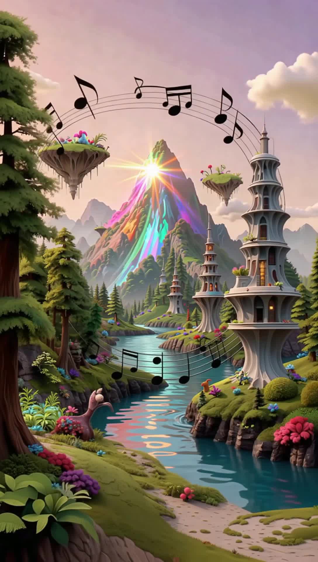 Vibrant pencil illustration of swirling music notes springing to life Transforming into a kaleidoscopic realm filled with enchanting landscapes Dreamlike mountains sparkle with iridescent colors Lush forests hum with melodious creatures Floating islands drift through cotton candy skies Glimmering rivers flow with symphonies of light Whimsical buildings twist in surreal shapes