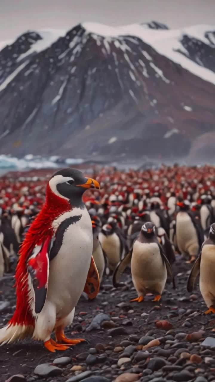 Penguin soldiers march bravely , wearing red, and white camo, in the antarctic,