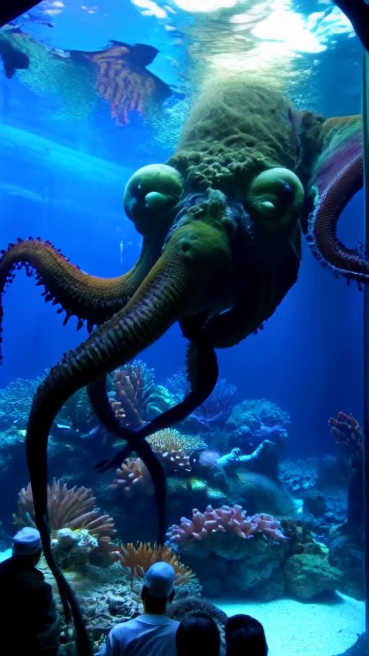 Giant dirty green octopus with bulging eyes extends enormous tentacles through crystalclear ocean aquarium glass towards a captivated audience Terrorstricken viewers frozen in horror as fear grips their faces Camera pans smoothly from writhing tentacles to hyperdetailed expressions of disbelief and dread Vibrant coral reef teeming with colorful fish provides a stunning contrast to the dark, ominous presence of the octopus Add eerie ambient sounds and subtle bubbles rising to the surface to enhance the tension in the scene