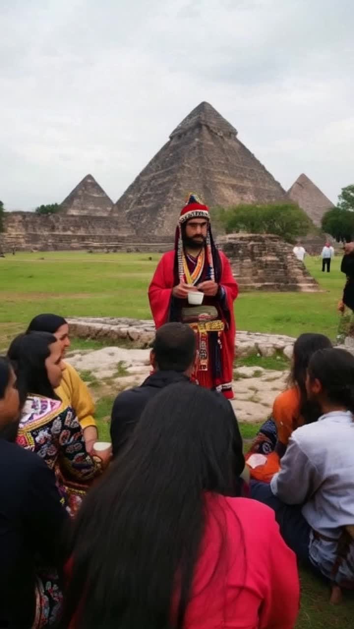 Ayahuasca, Teotihuacn Colorful shaman in traditional attire leading a group of seekers surrounded by vibrant greenery ancient pyramids rising majestically under a starlit sky participants sitting in a circle engaging in ritualistic chanting and deep meditation as smoke from burning sage curls upward illuminating faces in flickering firelight sacred energy pulsating through the air as the essence of Ayahuasca transforms their experiences in a mystical atmosphere permeated with history and spirituality,