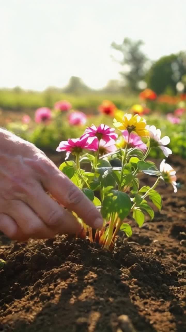 Tender gardener nurturing delicate seedlings with gentle hands showering love and care vibrant flowers erupting in a kaleidoscope of colors transforming barren earth into a breathtaking tapestry of life lush green surroundings glistening under warm sunlight peaceful atmosphere filled with the sweet scent of blooming petals enchanting melodies of nature harmonizing in the background