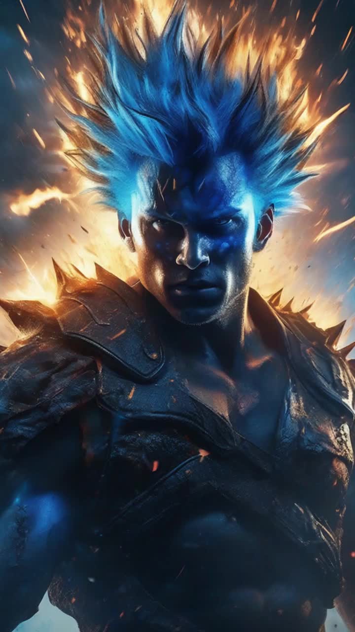 Chosen warrior with spiky hair radiating atomic blue energy stands defiantly Deep in battle against dark demon hordes Unleashes highfrequency energy blasts with intense fury as radiant light bursts from his body Dynamic motion captured in lowangle perspective Neon hues create a moody atmosphere highlighting fierce conflict Sacred geometry patterns shimmer in the air symbolizing divine download from GOD Diffused lighting enhances the ethereal quality of the scene Each blast obliterates demons in a dazzling display of power and destruction as the warrior channels celestial strength transcending the chaos around him