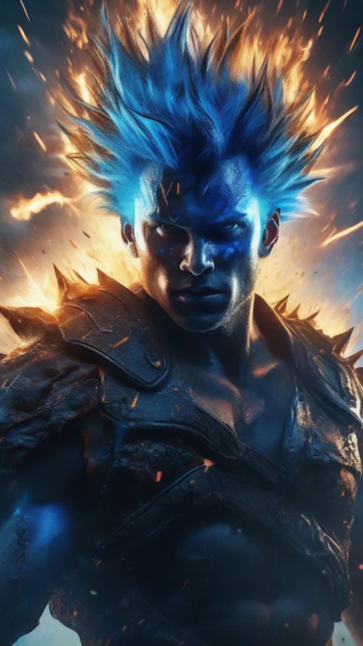 Chosen warrior with vibrant spiky hair radiating atomic blue energy surges forward amidst chaos Dark demon hordes encircle him snarling menacingly as shadows flicker off their twisted forms Dark stormy sky crackling with electricity above illuminated by bursts of energy from warrior's explosive attacks swirling dust and debris creating a dynamic battleground filled with tension