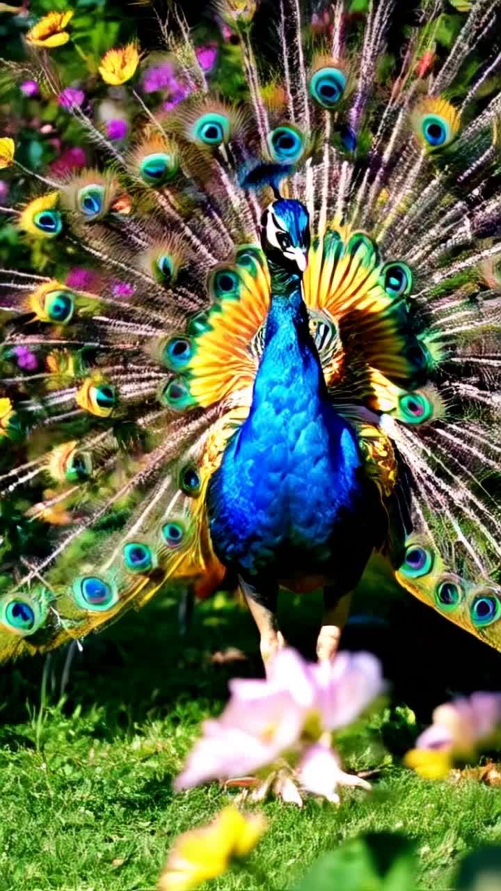 Majestic peacock spreads magnificent radiant feathers showcasing vibrant hues of blue green gold Tail feathers shimmer elegantly under brilliant sunlight as each eyelike pattern dances captivating onlookers Lush garden backdrop bursting with blooming flowers swaying gently in a soft breeze rustling leaves creating a tranquil enchanting atmosphere