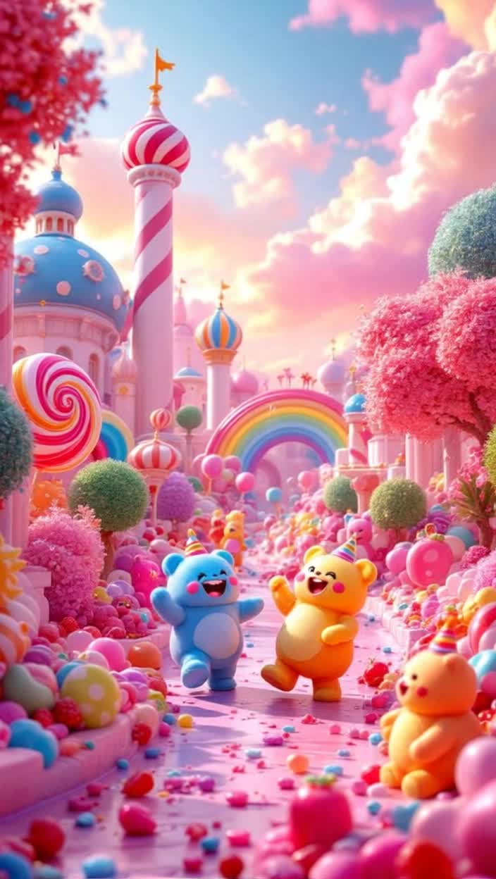 The Candy Confection Land is a magnificent edible masterpiece, it is a bustling city park composed of only candy, a bubblegum crisis has anthropomorphic candies enjoying a festive party 