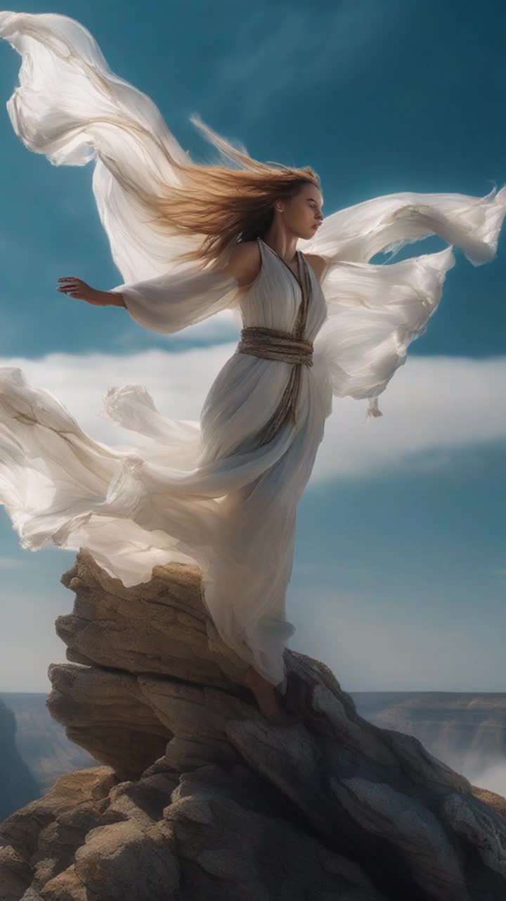 Radiant Seraphim adorned in flowing garments stands at precipice of a sheer cliff her heart racing her hair billowing wildly in chaotic gusts of wind mischievous cricket leaping playfully between strands enticing her to leap forward. Jagged rocks below contrasting with endless azure sky stretching into eternity wisps of clouds dancing above shimmering sunlight casting ethereal glow across the scene