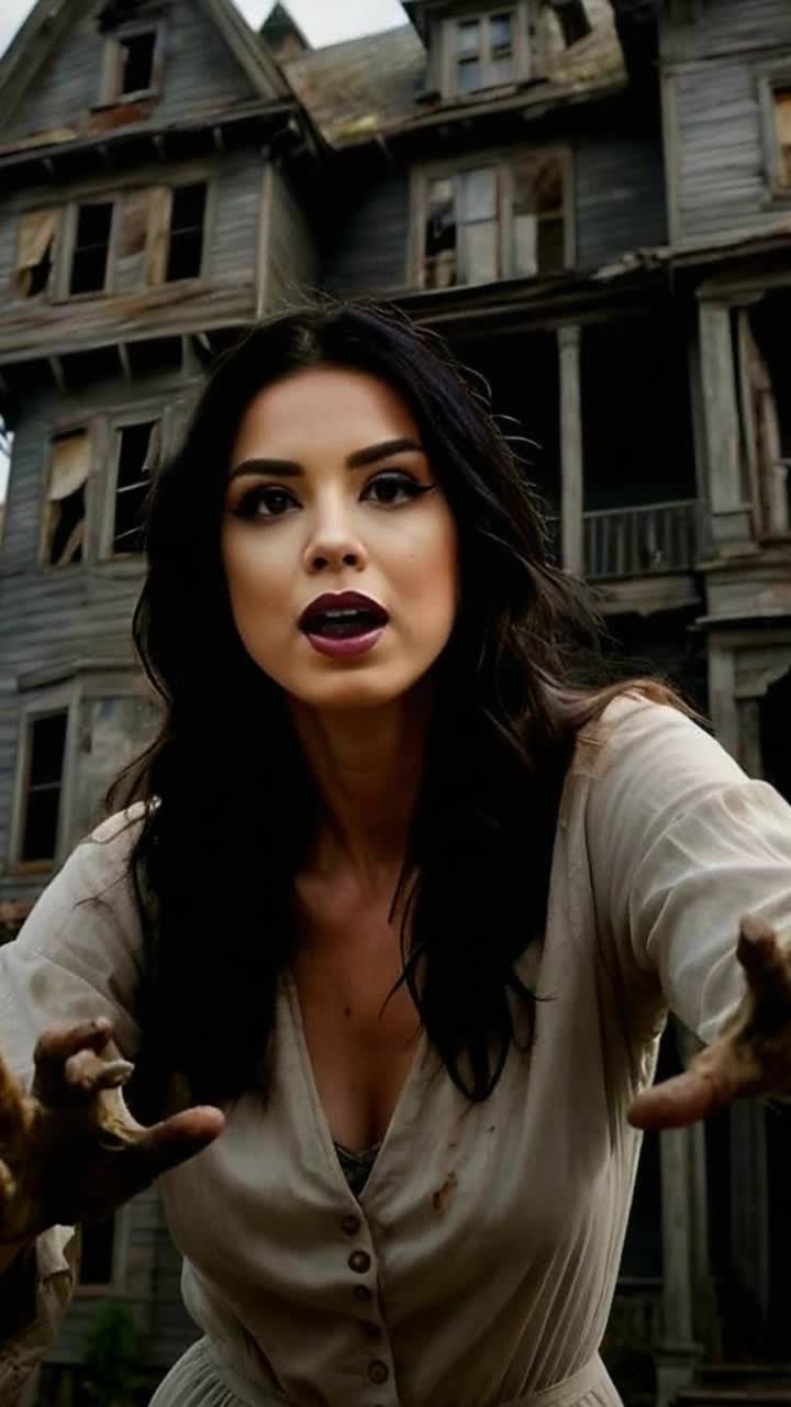 Mysterious elegant woman draped in tattered yet stylish  emerges gracefully from shadowy decrepit mansion steps onto cracked cobblestone pathway gasping in horror as she glances at her transforming hands skin decaying revealing hints of zombified features moonlight casts eerie glow illuminating ghostly fog swirling around her feet vintage lantern flickers ominously in the distance creating an unsettling atmosphere