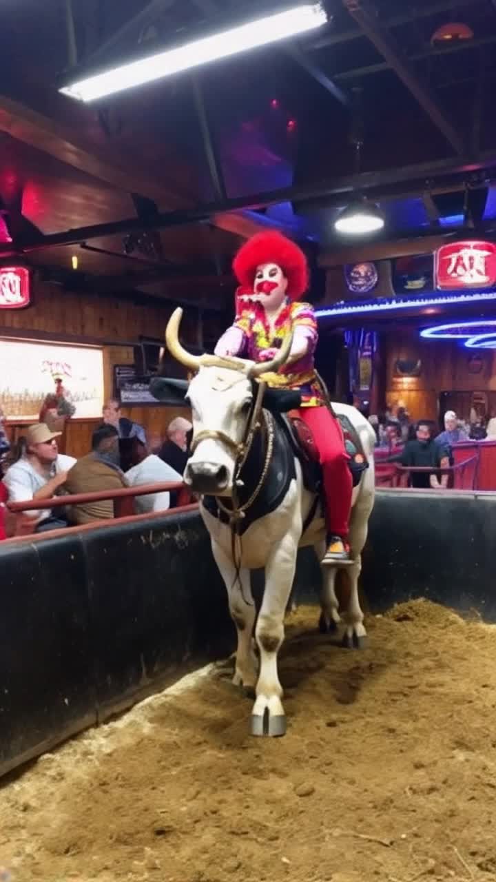 Beautiful clown woman, taking a bouncing ride on a mechanical bull inside a busy cowboy bar
