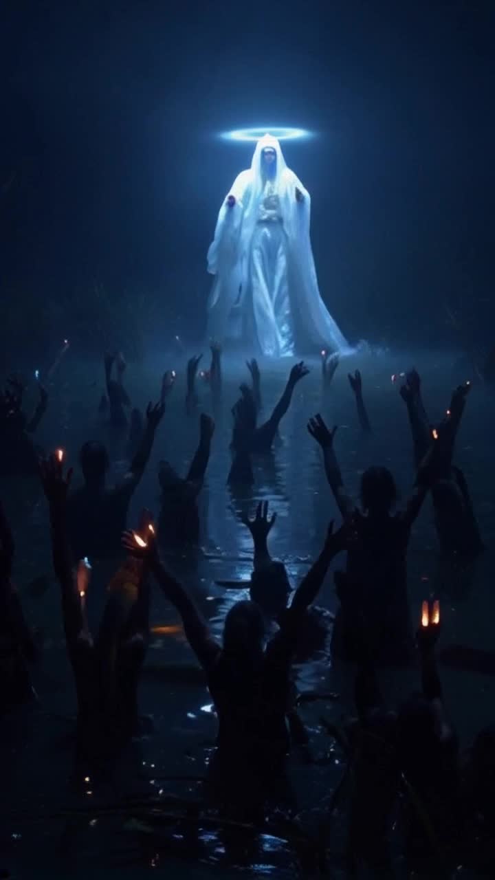 Ethereal figure in flowing luminous robes gliding gracefully through shadowy swamp mist languidly swaying as lost souls rise from murky waters yearningly stretching trembling hands toward her shimmering presence surrounding darkness filled with ghostly whispers illuminating flickering fireflies dancing in the air enveloping atmosphere thick with anticipation