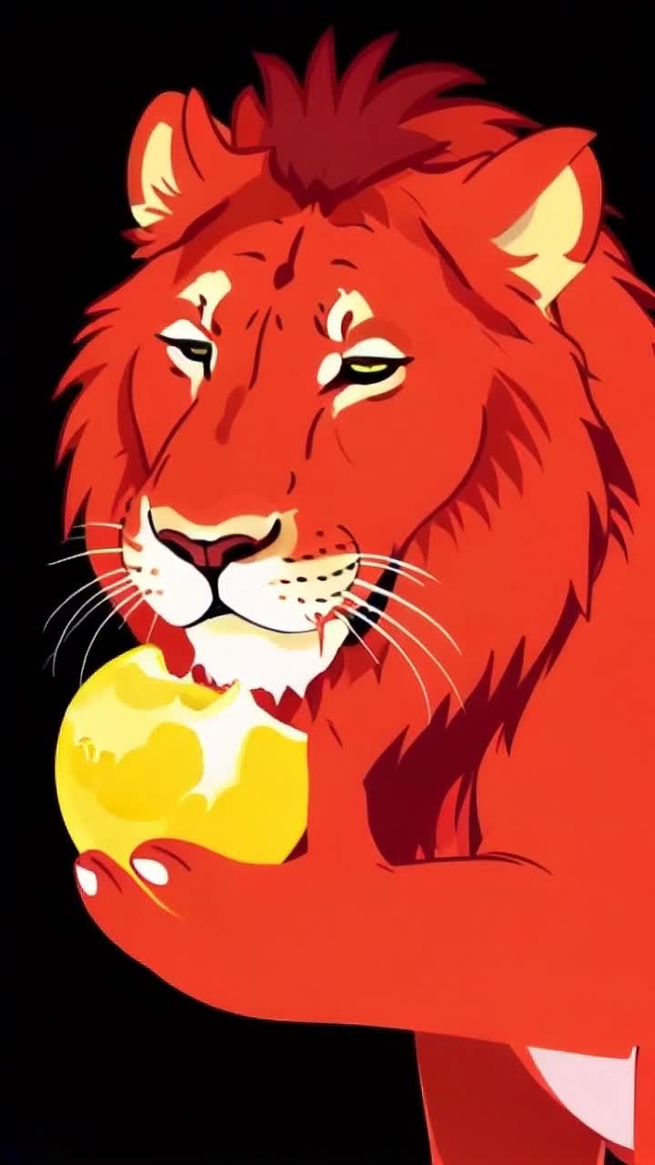 A red lion eating yellow apple 