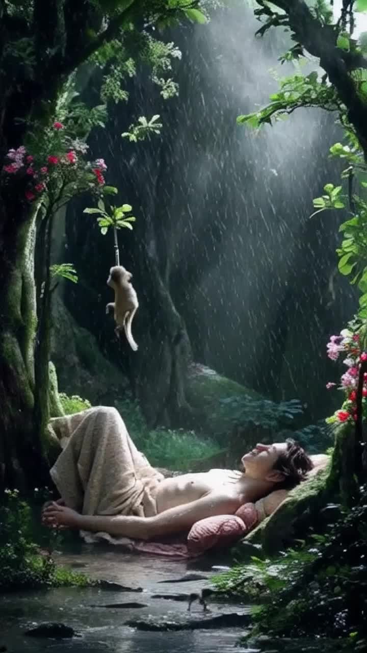A serene figure nestled in a cozy nook surrounded by lush greenery, vibrant monkeys playfully swinging overhead, brighteyed and mischievous A soft drizzle falls gently, creating a shimmering veil across the scene, as the figure drifts deeper into a tranquil slumber, a contented smile illuminating peaceful dreams Blossoming flowers sway gently in the warm breeze, while distant thunder rumbles softly, adding a soothing melody to the moment Raindrops dance upon leaves, each drop reflecting a kaleidoscope of colors, enveloping the scene in a magical, dreamlike ambiance as the monkeys chatter joyously, weaving in and out of the mist