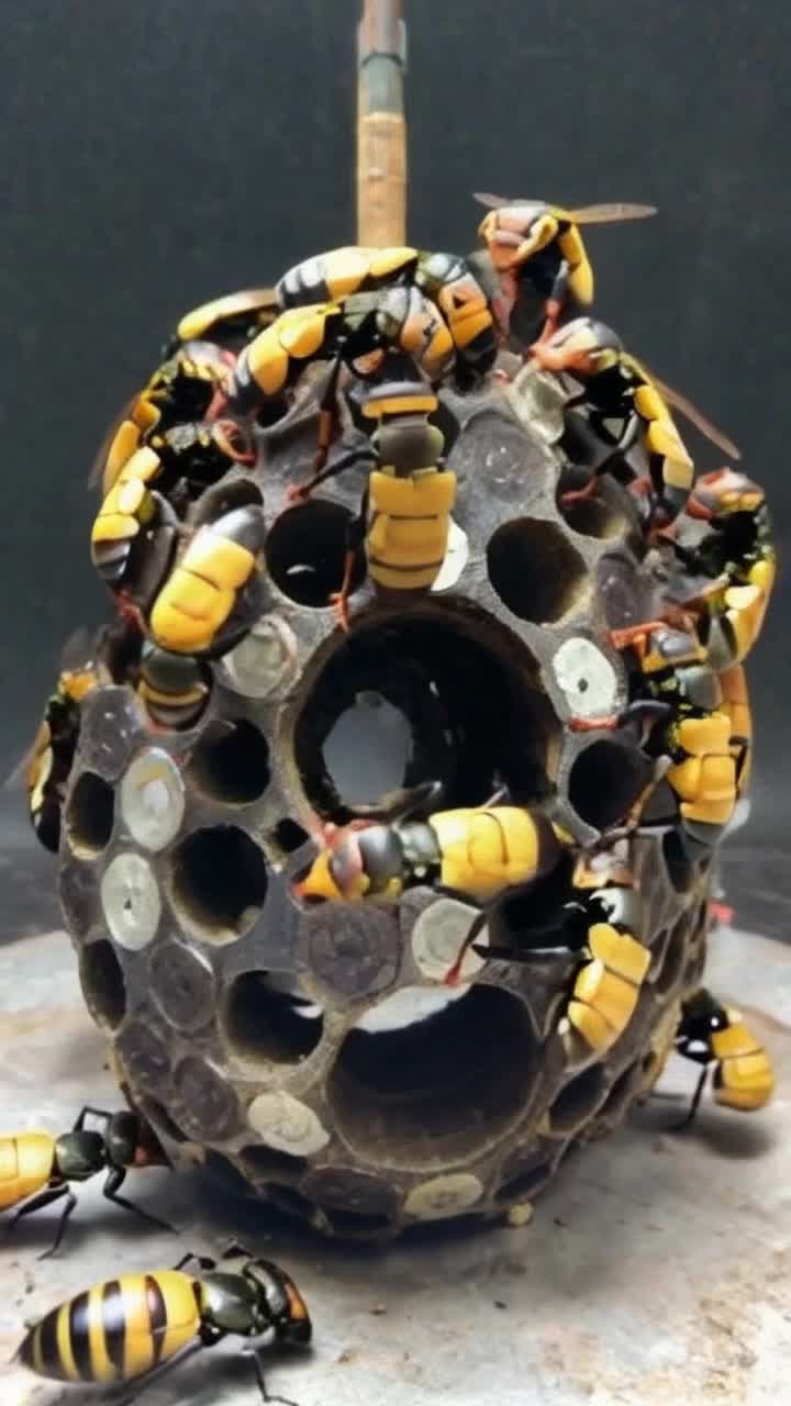 A swarm of robots drones wasps building a machine bees hornet nest