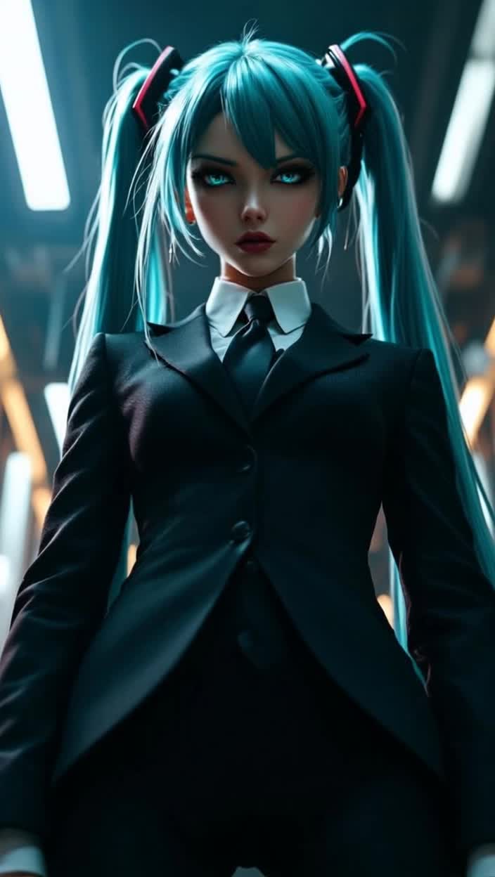 A very tall yet extraordinarily beautiful Hatsune Miku wearing an expensive business suit is glaring down at the camera, the video captures her at a low angle, giving the viewer a sense of her towering stature as if the camera was level with her chest and looking up at her face, the towering woman then bends down toward the camera with a stern expression, causing her face to fill the frame 