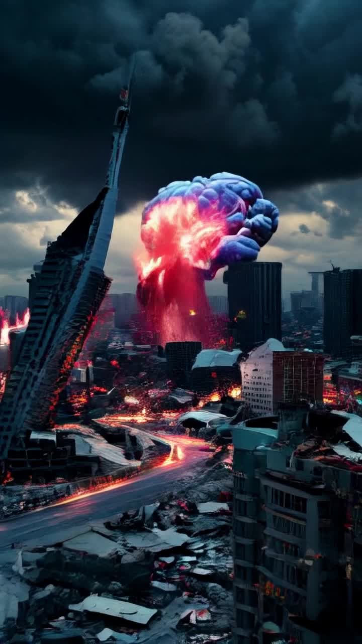 Colossal brain pulsating with vibrant colors drifting through urban landscape  Smashing buildings leaving trails of debris and chaos swirling around  Skyscrapers crumbling under immense pressure dark clouds gathering above as sirens wail  