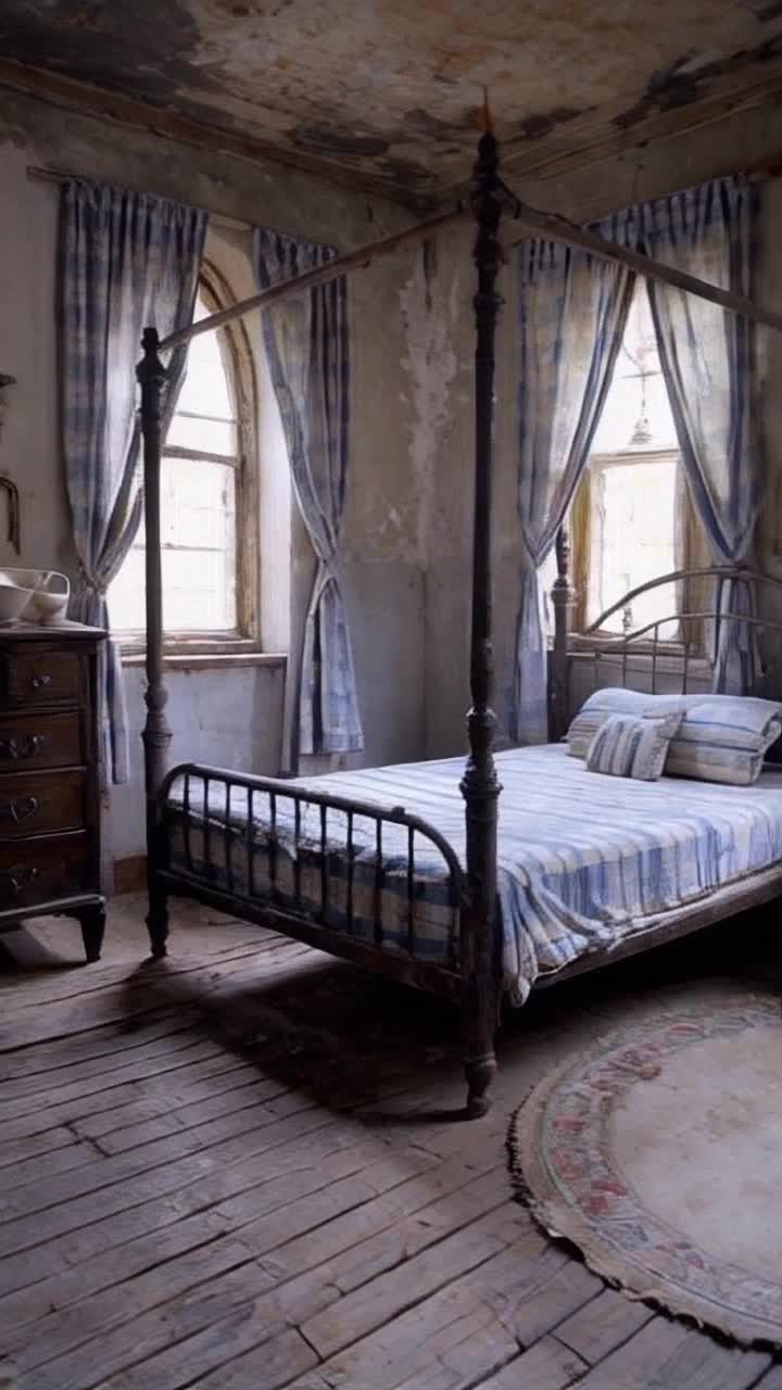 An interior of an old fashioned room of a hotel frim the 1870s The room is decrepit and aged and full of dust and cobwebs The old fashioned window panes are dull from the sun there are dirty torn faded blue and white checkered curtains the floors are aged weathered wooden floors There is a creaky looking metal four poster bed witjh a dirty faded blue and cream colored striped mattress with thin stripes there is a warped old wooden dresser the dresser has marble knobs and a cracked cream colored pitcher and bowl on top of it the pattern is of pink red roses and rose leaves There is an old oval faded rug on the floor
