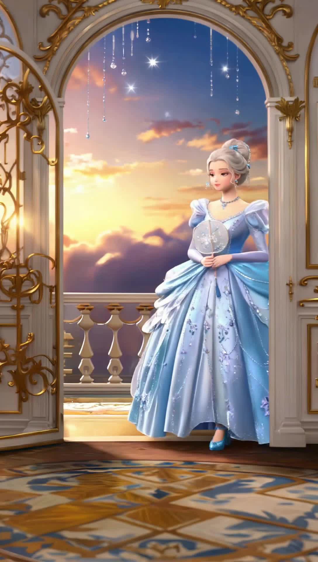 Cinderella needs her dress to match her glass shoes so the shoes should be a frosty blue pastel and the frosty pastel blue glass dress  of course it is layered glass beads that sparkle as sequin glitter, various tints that shimmer as day and early evening twilight sky, with clouds projecting as Cinderella enters the ballroom, clouds that fade for tiny star lights She enters the ballroom alone, opening a matching glass fan that exhibits an exact copy of her glass dress and glass shoes