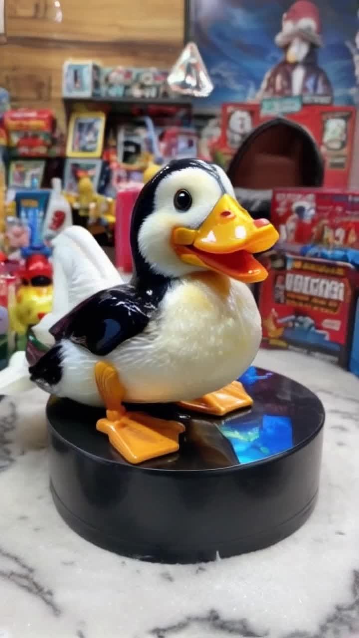 Charming Donald Duck toy crafted from glistening   plastic Sparkling light dances through shiny surface as playful movements bring character to life Vibrant colors reflect off surrounding surfaces creating a whimsical atmosphere in a cozy toy shop filled with nostalgic treasures