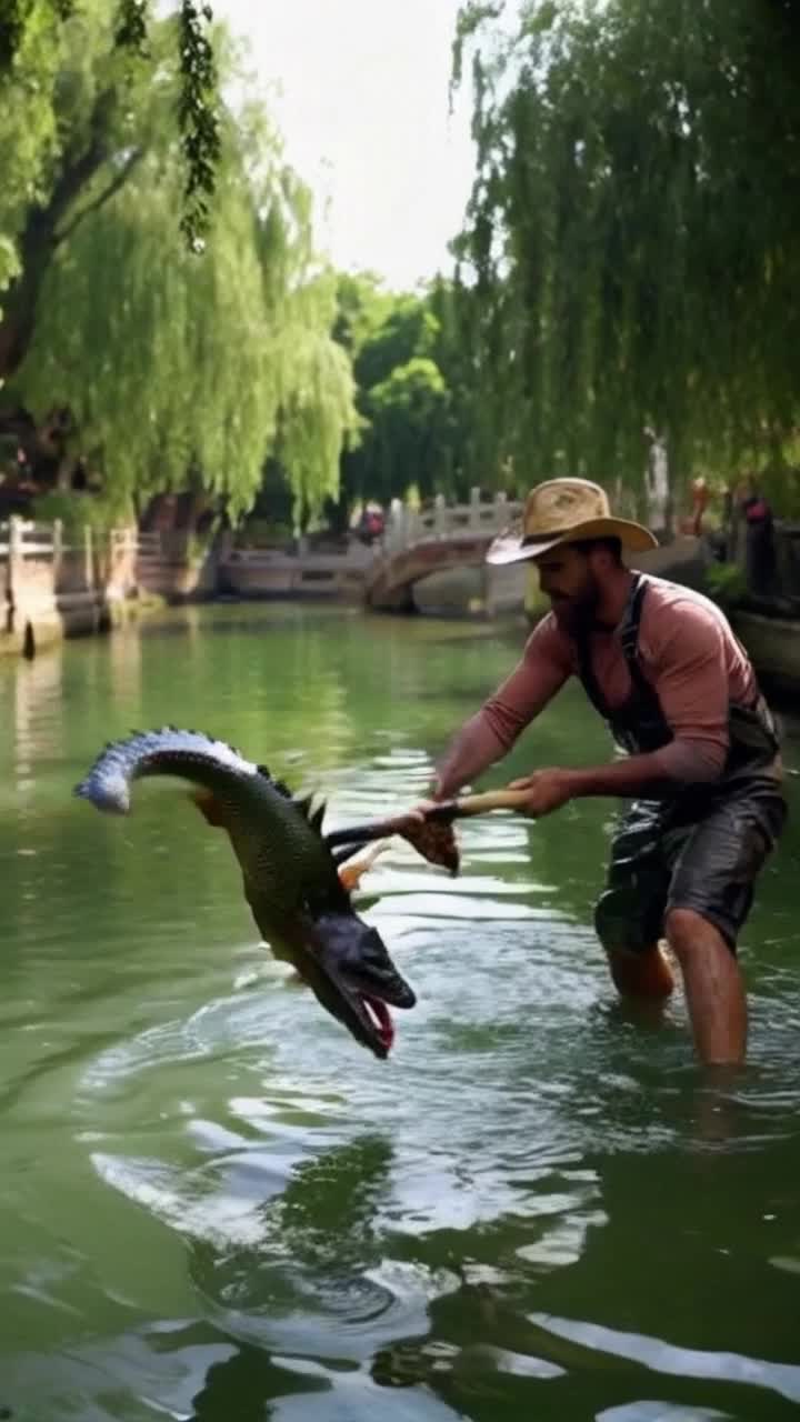 Clarkon a rugged fisherman with weathered hands battles fierce lizardlike sea creatures with glistening scales using a sturdy fishing rod while savoring a warm slice of pie Background vibrant green canal teeming with life surrounded by lush overhanging trees casting dappled sunlight onto the surface reflecting ripples from the struggle adding an air of chaos and whimsy
