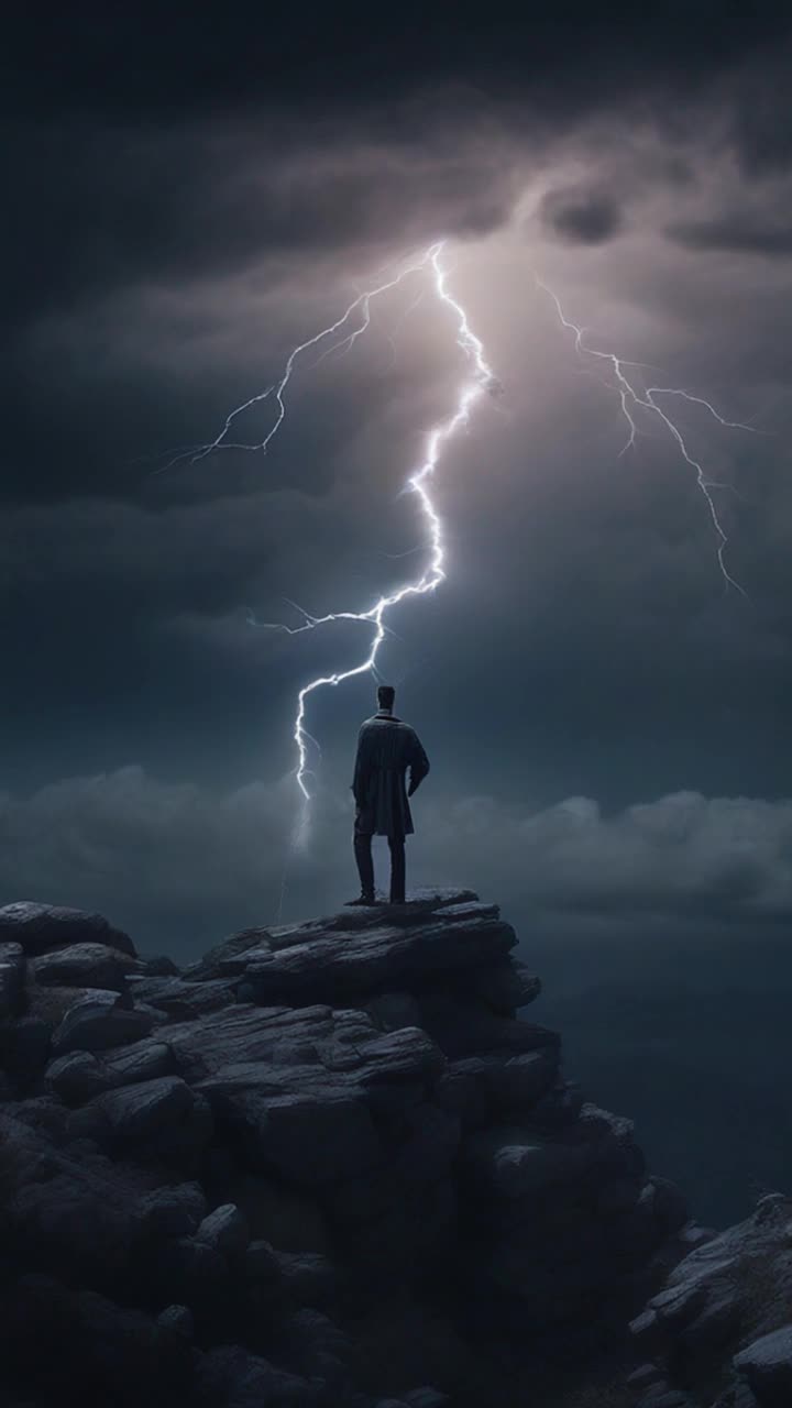 Solitary man on rocky precipice  
Teetering dangerously pondering dark temptations  
Moonlit night sky filled with swirling clouds shadows cast by distant lightning