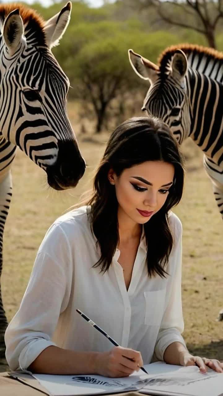 Elegant woman researcher dressed in a flowing white lab coat sits on sunkissed dune scribbling notes in a leatherbound journal Two curious zebras peek through golden grasses casting long shadows in vibrant African desert landscape Distant mountains rise on the horizon under a dazzling blue sky with wispy clouds soft whispers of a warm breeze carrying scents of wild sage and dry earth