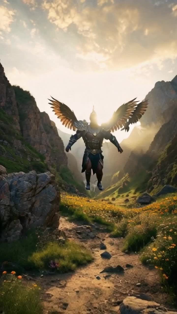 Ebony warrior with rippling muscles in ornate armor soaring between rugged rocks Radiant angels gliding gracefully above singing harmoniously in celestial tones Urging him onward through vibrant green valleys adorned with wildflowers and majestic high mountains towering in the distance kissed by golden sunlight
