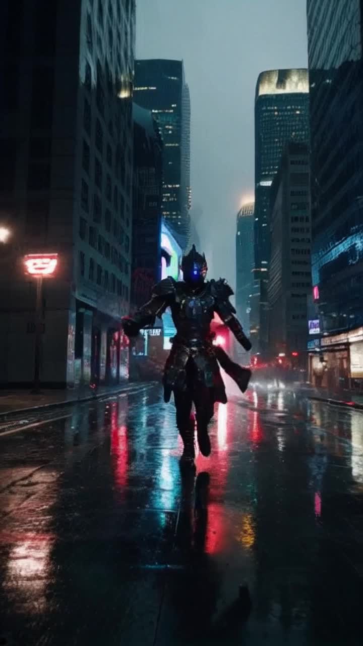 Pulsing waves of vibrant energy radiate from a lone warrior cloaked in shimmering armor casting a powerful aura against ominous shadows looming nearby Dynamic movement as the warrior charges forward slicing through the thickening dark air Sleek urban battlefield adorned with towering skyscrapers glowing in neon hues reflecting off rain-slicked streets creating an electrifying visual contrast