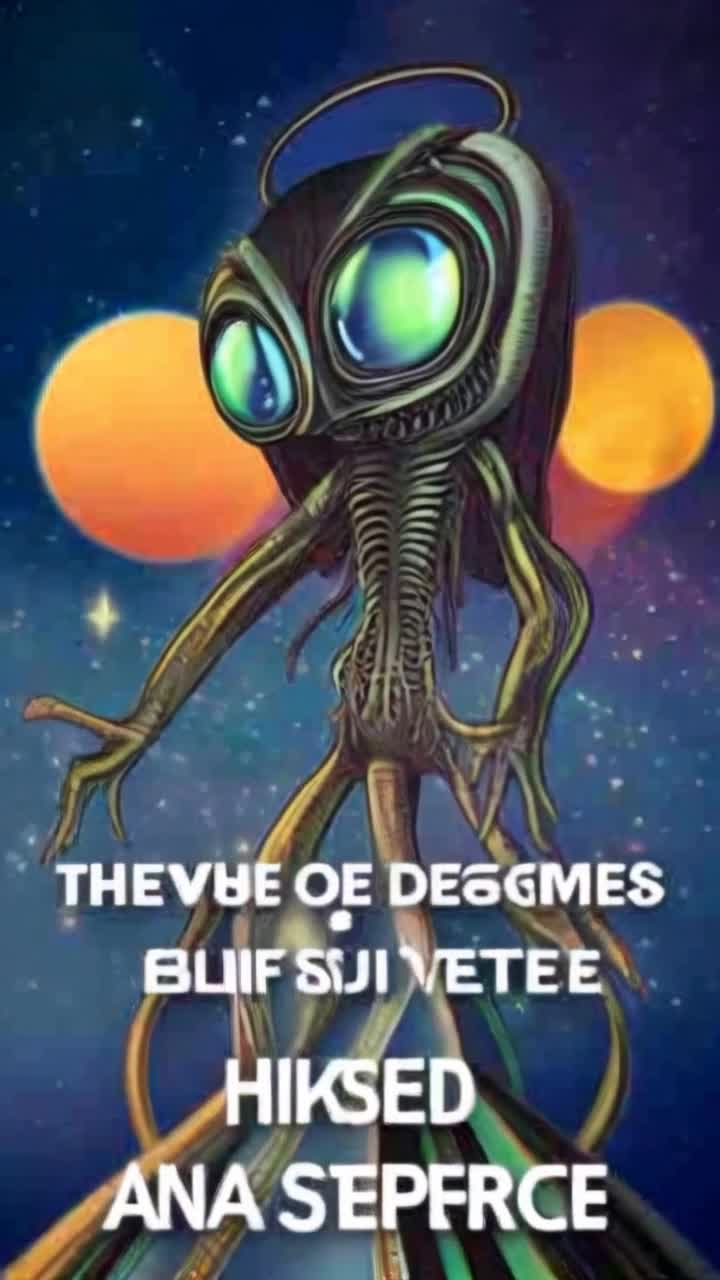 Surreal alien figure with large expressive eyes slender elongated body intricate tentaclelike appendages halo above head stands in vibrant space backdrop swirling orange yellow planets Bold white text in unfamiliar language hovers ominously enhancing otherworldly theme Dark blues purples blend with vivid accents creating striking contrast Cosmic energy pulses around alien illuminating scene with ethereal glow