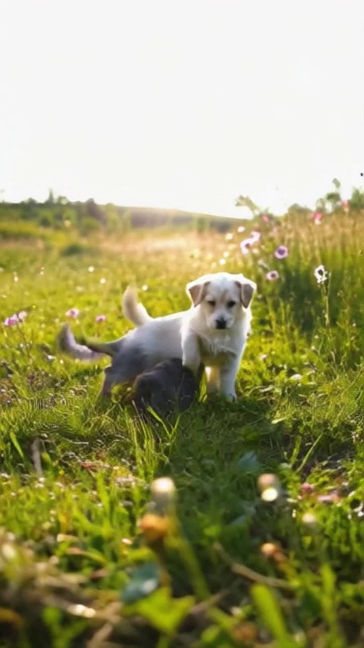 cutie Adorable puppy with floppy ears bright eyes cuddly kitten with soft fur playfully chasing each other across a sunlit grassy meadow bouncing and tumbling around serene wildflowers gently swaying in a warm breeze vibrant colors of nature glowing under a golden afternoon sun