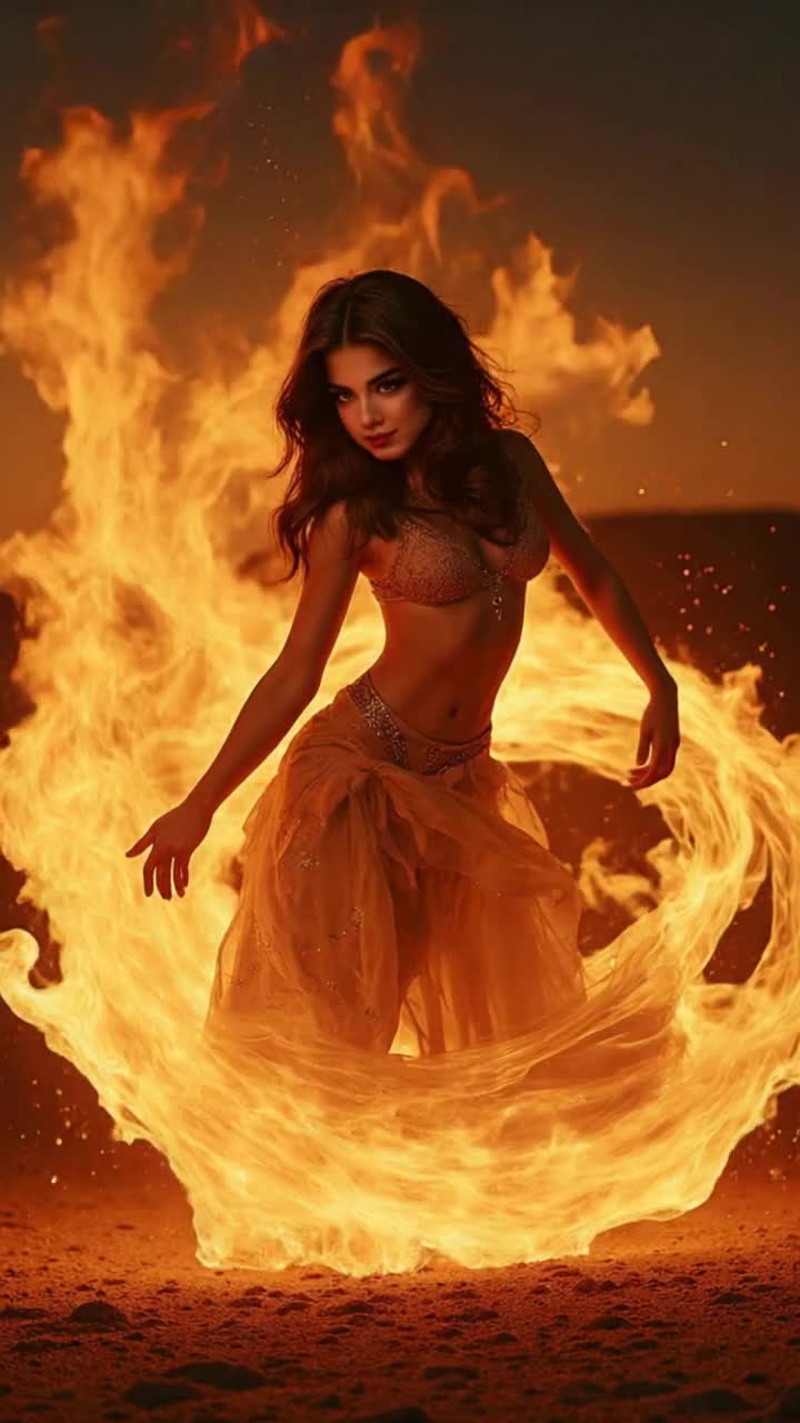 Graceful woman adorned in flowing silk gown twirls with poise surrounded by crackling flames flickering wildly illuminating night sky deep in an enchanted forest with towering trees casting ethereal shadows fiery rings dance in rhythm to haunting melodies echoing through the air as sparks rise illuminating her radiant smile creating a mesmerizing contrast between delicate beauty and fierce energy swirling embers spiral upward into the darkness enchanting atmosphere filled with magic and wonder captivating any onlooker drawn into this breathtaking moment