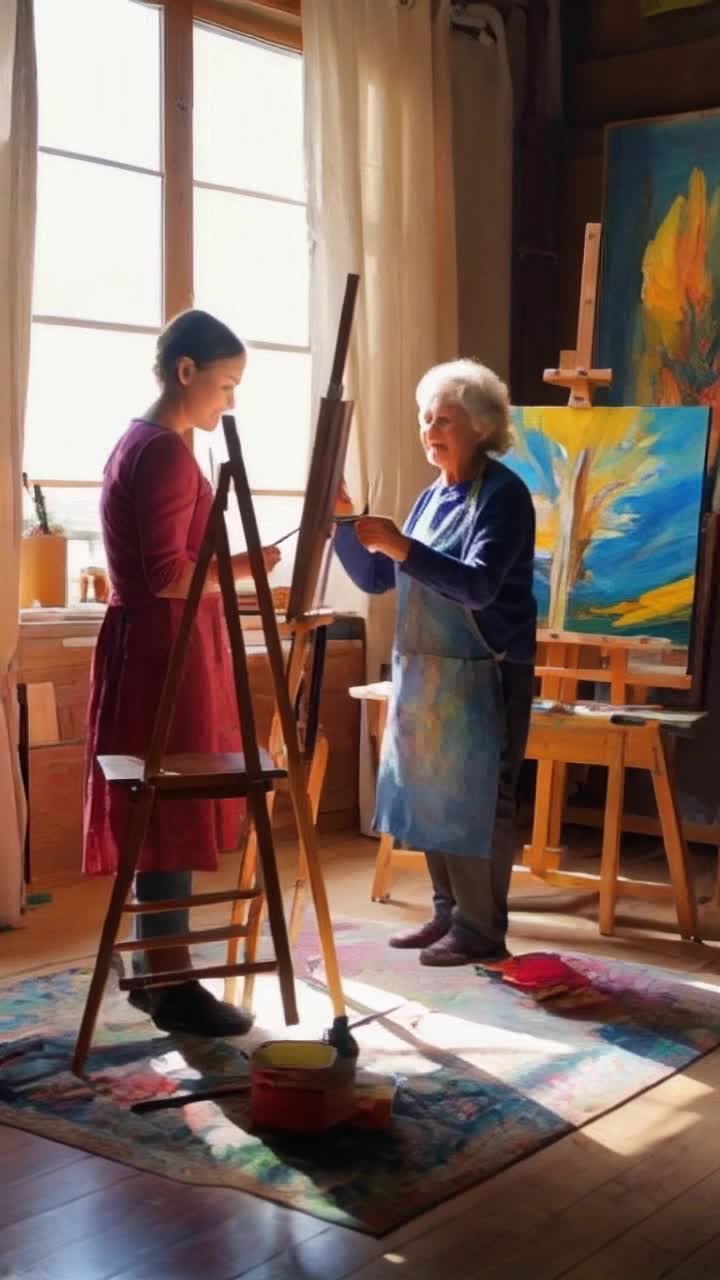 Maya, a passionate young artist, heart racing, stands in a sunlit studio surrounded by vibrant canvases, brushes scattered like stars. Rosa, an elegant elderly artist, enters, her presence filled with wisdom and warmth. A flicker of approval crosses her face, igniting a creative spark in Maya’s soul. Inspired, Maya lunges toward her easel, brush poised, colors swirling around her as she begins to create her next masterpiece. Light streams through large windows, illuminating the dust swirling in the air, enhancing the magical atmosphere of artistic awakening, a sanctuary of creativity and dreams