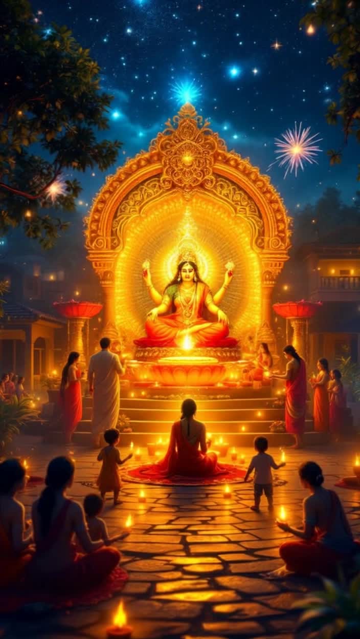 Diwali Mahalaxmi Puja 8K Full HD Quality Highest Regulation High Quality Highest Quality Animation Write an Animated StoryHeres an 8K Full HD quality animated story script for Diwali Mahalaxmi Puja, which you can adapt into a visual animation or film script Diwali Mahalaxmi Puja  Animated StoryThe night sky is ablaze with stars The camera slowly pans down to the glowing earthwhere the entire village is awash in the light of lamps Scene 1 Preparations Every house is adorned with flickering lamps, colorful arches, and rangoli Children are enthusiastically lighting sparklers, women are decorating their plates and chanting mantras  Inside a house, a family bathes the idol of Mahalakshmi and adorns it with red clothes and gold and silver ornaments Scene 2 Mahalakshmis Arrival As the family begins the aarti, the camera zooms in on the idol The idol suddenly comes alive, radiating a glow like sparkling gold Mahalakshmi, seated on a lotus, appears in a soft voice Her four arms show a lotus in one hand, a gold coin in the other, a blessing in the third, and a gesture symbolizing peace in the fourth With her arrival, countless small lamps light up on their own Scene 3 Divine Message Mahalakshmi says, O devotees Diwali is not just a symbol of wealth, but it is a festival of virtue and lightI reside in a clean home, where the lamps of honesty, love, and hard work burn  As she speaks, scenes change on the screen The farmers hard work and the light on his crop A businessman being honest in his work A housewife caring for her family with love and respect Scene 4 Prosperity and Auspiciousness Mahalakshmi blesses the family and showers them with golden coins, but the coins instantly transform into luminous lamps The entire house and village are bathed in lamps A unique fireworks display in the skya sparkle of blue, gold, and red, like 8K quality animation Scene 5 Closing The family says with folded hands, The true Lakshmi is not just wealth, but truth, righteousness, and love Mahalakshmi smiles and disappears into the light of the golden lamp The camera pans upthe entire village is shining in golden light  Finally, a verse appears on the screenDeepjyotirmastu nah shreyaseMay the light of the lamps be for our wellbeing Would you like me to write this story as a complete cinematic script including dialogue, scene directions, and animation details so it can be used directly in an animation project