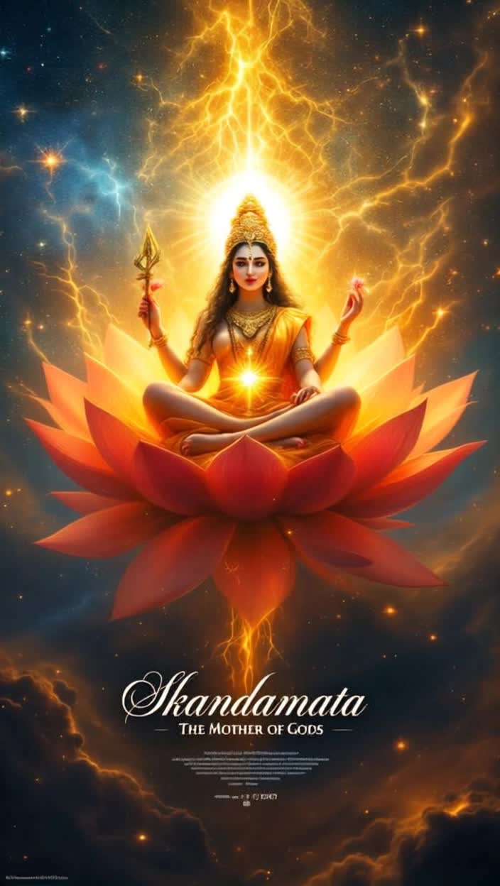 Here is a script for a fantasy 8K highresolution animation video about SkandamataVideo Title Skandamata The Mother of GodsScriptScene 1Video A cosmic expanse, filled with nebulae and glowing stars The camera slowly zooms in on a breathtaking, celestial lotus flower, radiating a soft, golden lightScene 2Video The lotus petals gently open, revealing a divine form within Its Skandamata, seated majestically Her skin is fair, her eyes radiate compassion, and shes holding her son, Kartikeya Skanda, on her lap Her four arms hold two lotus flowers and a varada mudra blessing gesture The fourth hand is holding KartikeyaScene 3Video The scene shifts to show the demon Tarakasura, a terrifying figure with sharp fangs and a menacing aura He is wreaking havoc across the three worlds Trilok The gods, helpless and distraught, are fleeingScene 4Video Skandamata watches this destruction with calm and resolve She blesses her son, Kartikeya, who is now a radiant warrior He takes up his spear, the Vel, which glows with immense powerScene 5Video Kartikeya descends from Skandamatas lap and confronts Tarakasura Their battle is epic, with lightning and fire filling the sky Each move is a powerful ballet of divine forceScene 6Video Kartikeya, with a final, powerful thrust of his Vel, vanquishes Tarakasura The demons form dissolves into dust, and peace is restored to the three worldsScene 7Video The gods and goddesses gather to worship Skandamata and Kartikeya They offer flowers and prayers in gratitude The scene is filled with a sense of divine harmony and tranquilityScene 8Video Skandamata is again seen in her magnificent form, cradling Kartikeya The camera slowly zooms out, revealing the entire universe filled with her divine aura A single, luminous lotus petal falls slowly, signifying her blessingsEndText on screen    Skandamata The Mother of GodsAnimation DetailsHigh Resolution 8K resolution to capture the intricate details of cosmic nebulae, divine forms, and the textures of lotus petalsColor Palette A vibrant and rich color palette with golden hues, deep blues, and ethereal whites to evoke a sense of divinity and fantasyLighting Dynamic and volumetric lighting to create a magical atmosphereVisual Effects Fluid particle effects for the magical energy, slowmotion shots to emphasize powerful moments, and cinematic camera angles for a grand scale