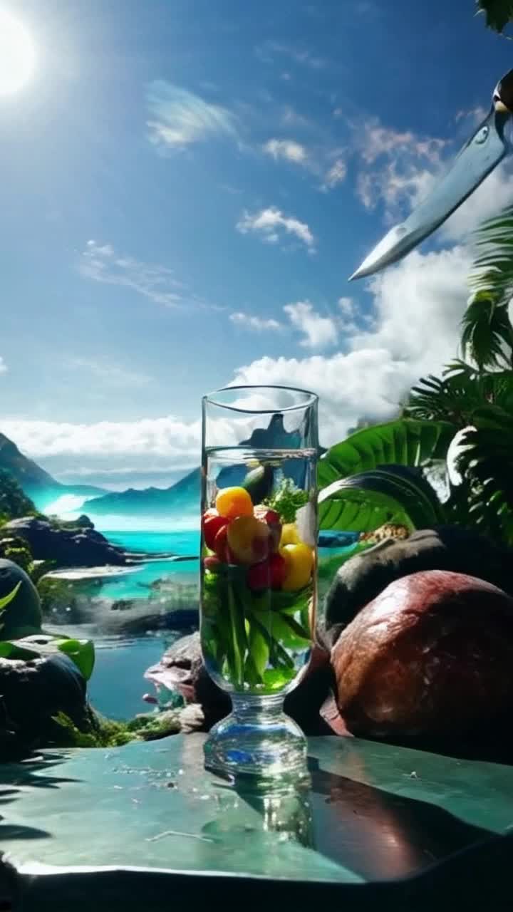 A steel chef knife quickly cuts with its super blade through the surface of an elegant crystal vase sparkling with glare, and bright fruits glistening in the sun, colorful vegetables lying on a wooden table, revealing juicy insides and crisp textures The surrounding scene is filled with lush tropical vegetation, digital landscapes soaring into futuristic horizons, an immersive atmosphere with swirling colors and dynamic lighting