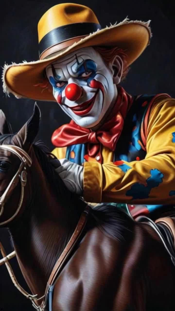 create a stunning vivid high contrast oil on black canvas rendering of a clown cowboy riding a bronco at a rodeo in the style fusion Mike judge and picaso