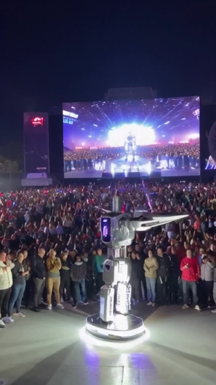 Shiny chrome robot spinning elegantly surrounded by captivated crowd of diverse onlookers Gasps of amazement echo through the air as vibrant lights pulsate in rhythm dazzling jumbotron flashes hypnotic messages swirling colors inviting viewers to immerse in a realm of boundless wonder Fanfares of excitement rise as neon energy fills the bustling atmosphere enveloping spectators in electric anticipation