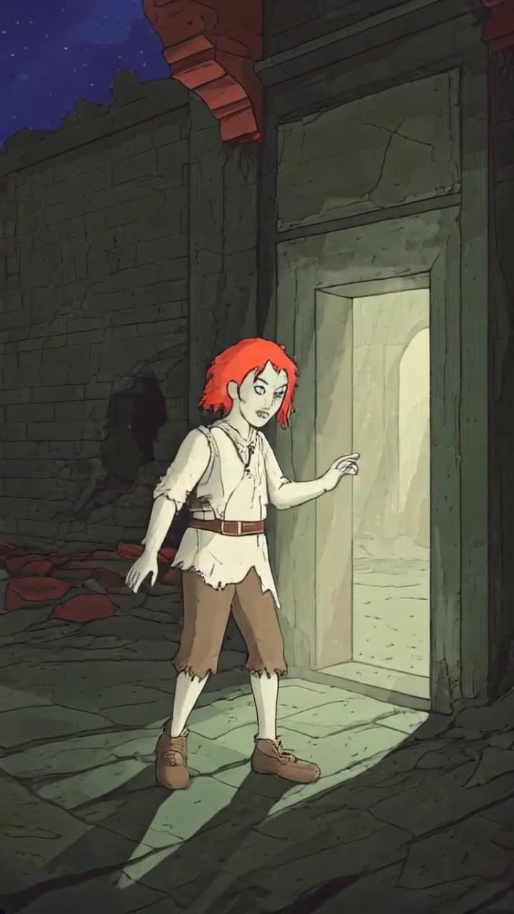 Ghostly child with fiery red hair styled whimsically dressed in tattered 19th century attire wandering under ethereal moonlight delicate shoes echoing softly on cobblestones eyes swirling gray filled with curiosity standing near crumbling faade of longabandoned corporation once vibrant now cloaked in shadows invitingly gesturing with a slight tilt of head beckoning for someone to follow him through splintered doorway creaking open slowly revealing darkened interior where secrets linger softly illuminated by gentle moonbeams illuminating dust particles swirling in the air