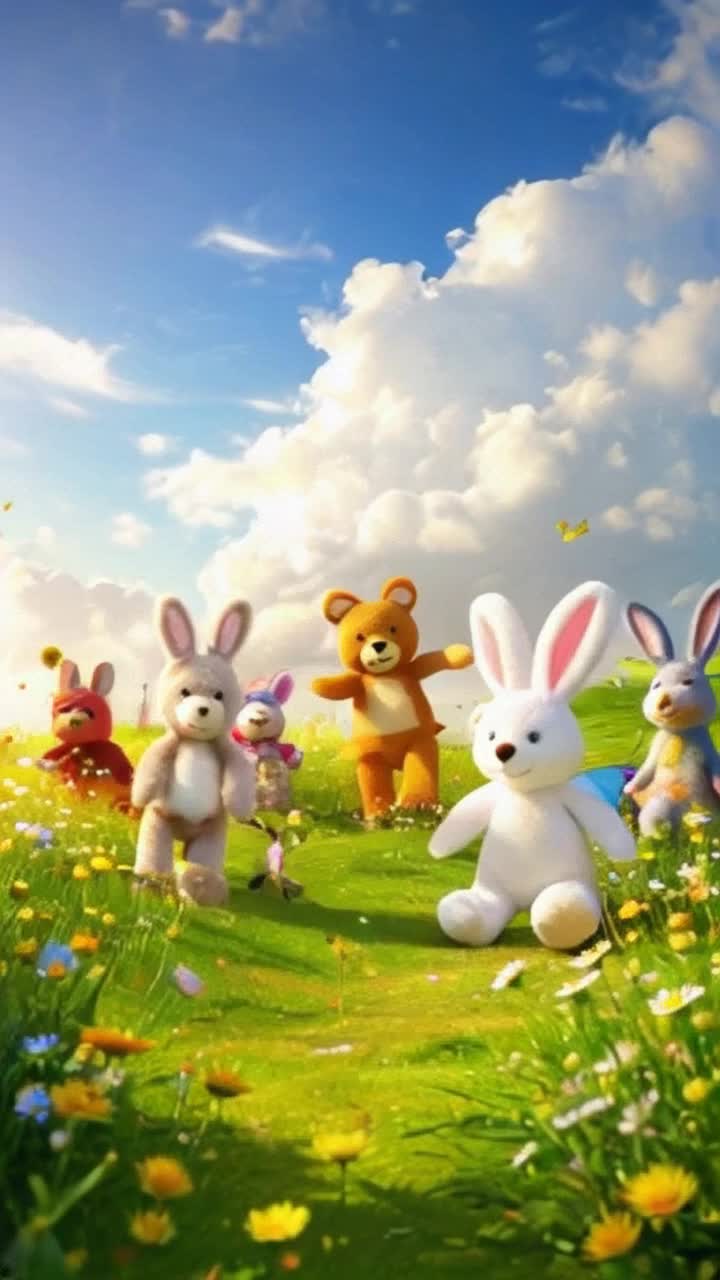Colorful animated stuffed animals come to life with vibrant expressions and playful movements dancing joyfully across a sunlit meadow filled with wildflowers swaying in a gentle breeze Fluffy teddy bears somersault while cuddly rabbits hop excitedly, their stitched smiles radiating warmth In the background, a crystal clear blue sky dotted with fluffy clouds beckons a sense of wonder, while butterflies flutter playfully around the charming scene Lush green grass carpets the ground, creating a soft stage for these adorable characters as they leap and twirl in a delightful display of imagination and friendship under a warm golden sun