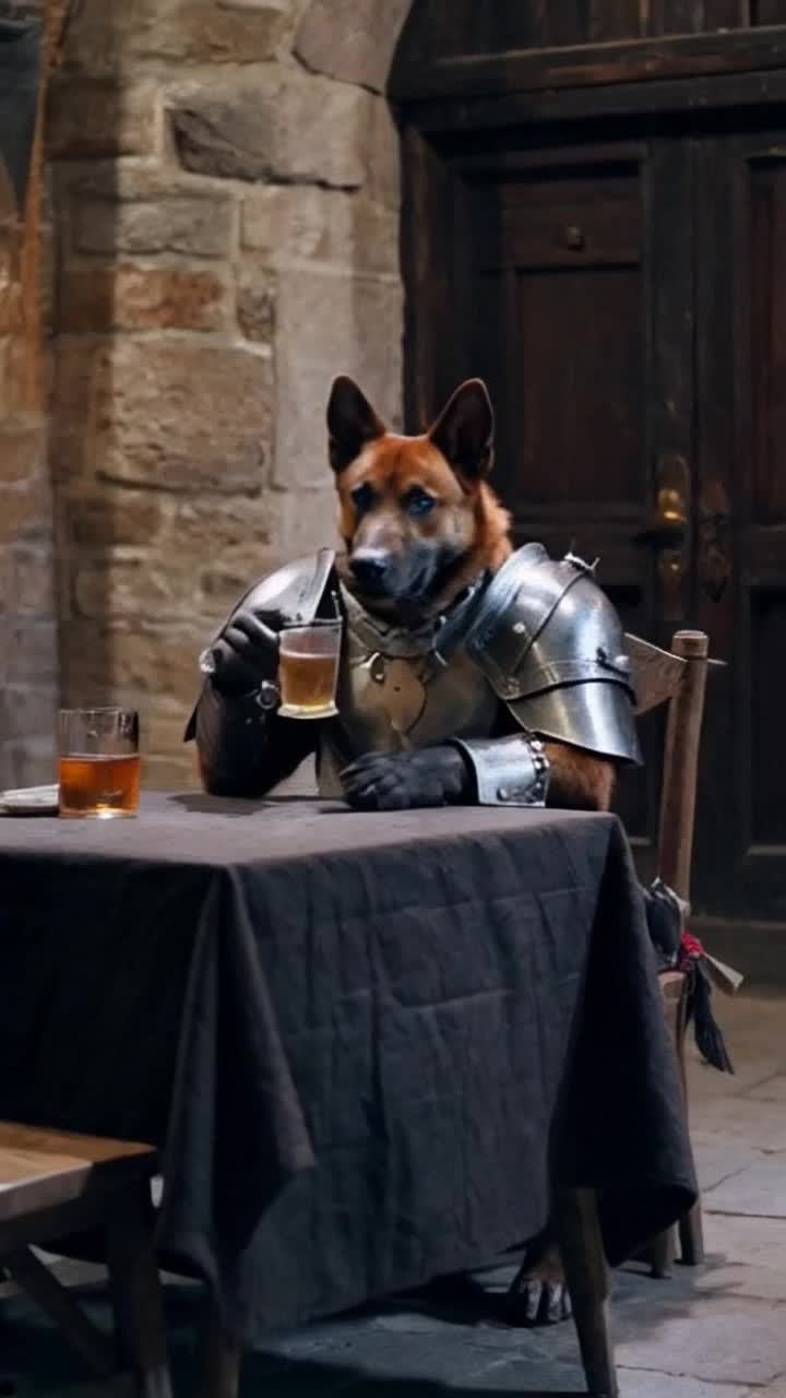 Dog bipedal warrior in a futuristic mideval setting relaxing at a tavern anime
