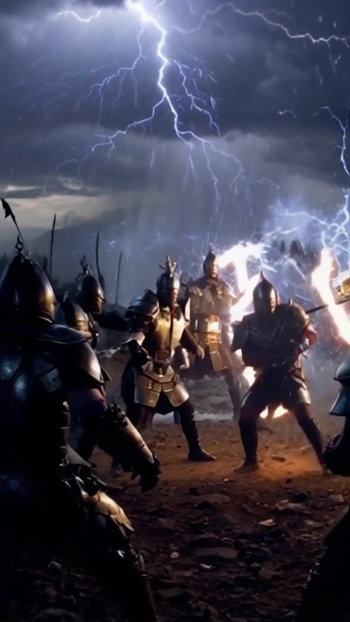 Sleek armored warriors radiant with divine light  
Clashing fiercely against shadowy adversaries  
Thunderous storms engulfing the battlefield illuminating the sky with flashes of lightning and cascading energy waves  
