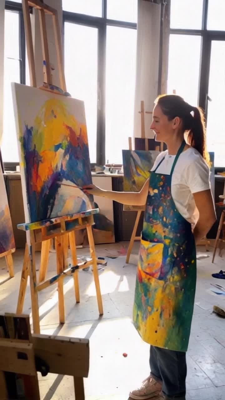 Vibrant artist with colorful splashes of paint on her apron steps back proudly revealing a stunning abstract masterpiece radiating energy igniting inspiration in captivated onlookers gathered around. An air of excitement fills the spacious, sunlit studio adorned with canvases and brushes creates a dynamic atmosphere for creative expression. Mellow music plays softly in the background as sunlight streams through large windows casting playful shadows across the floor, highlighting the passion and dedication of every budding artist dreaming of greatness