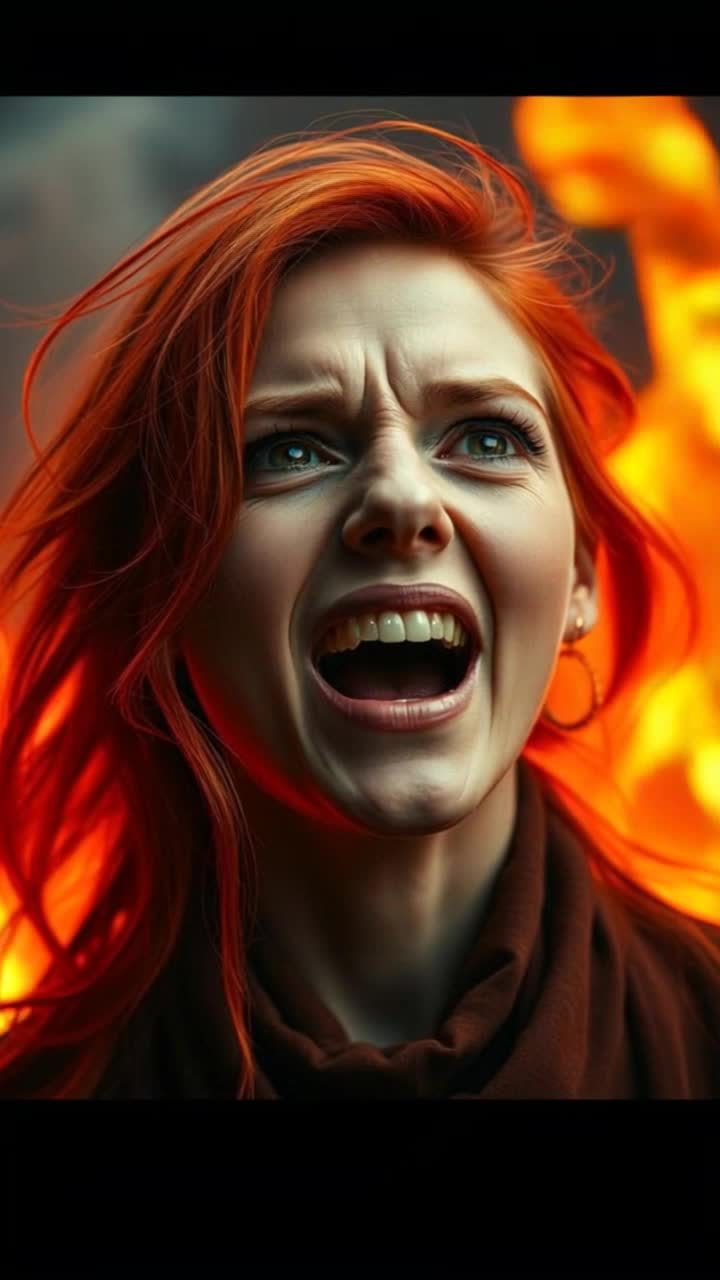 Beautiful redheaded woman whos smiling looking happy, then in slow motion her happy face turns into one full of rage, her mouth opens in anger, her eyes shine in anger, fire which is burning brightens behind her